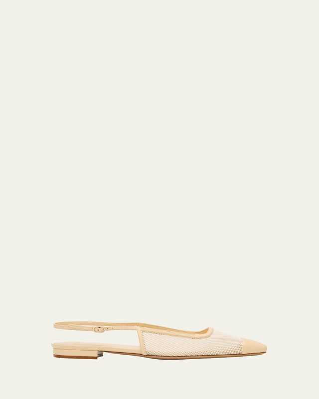 Olivia Mesh Leather Cap-Toe Slingback Ballerina Flats
